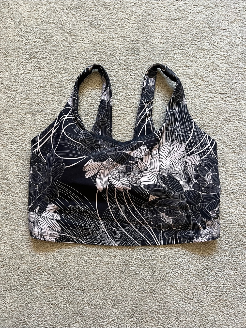 JoyLab Black Sports Cropped Tank with Cream Floral Strap Detail